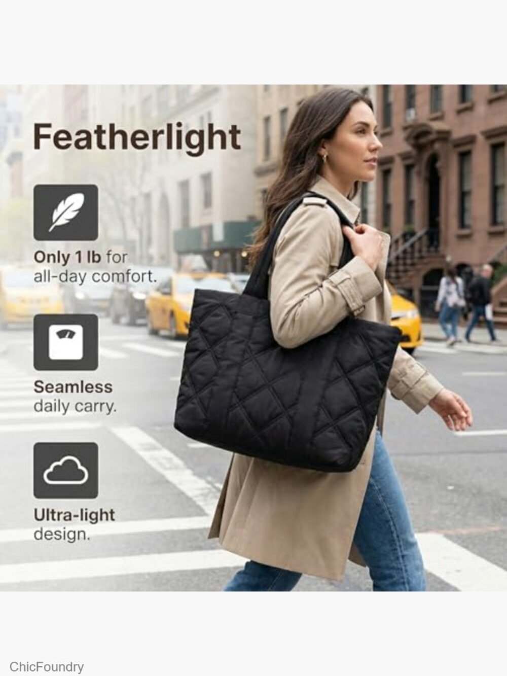 Lightweight Puffy Tote Bag with Laptop Compartment, Zip Closure, Crossbody - Picture 2 of 6